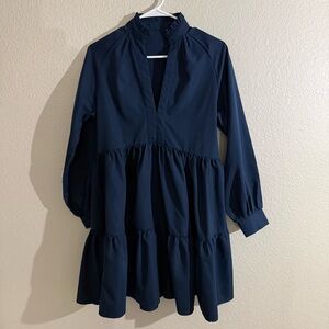 Navy V-Drop Neck Long Sleeve Dress